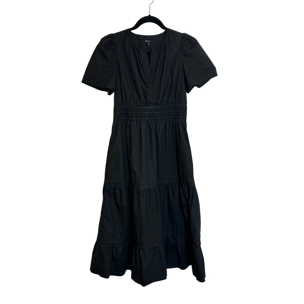 Quince 100% Organic Cotton Poplin Tiered Midi Dress Size S Black Smocked Waist